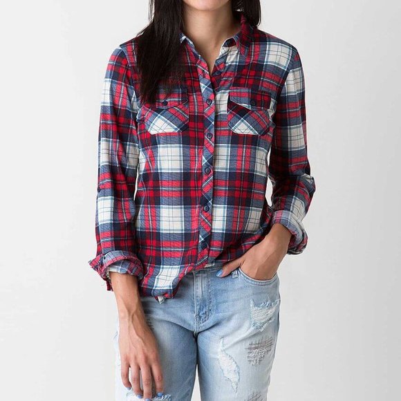 Passport Plaid Button Down Roll Tab Sleeve Shirt Women's Small B1324 - Picture 10 of 11